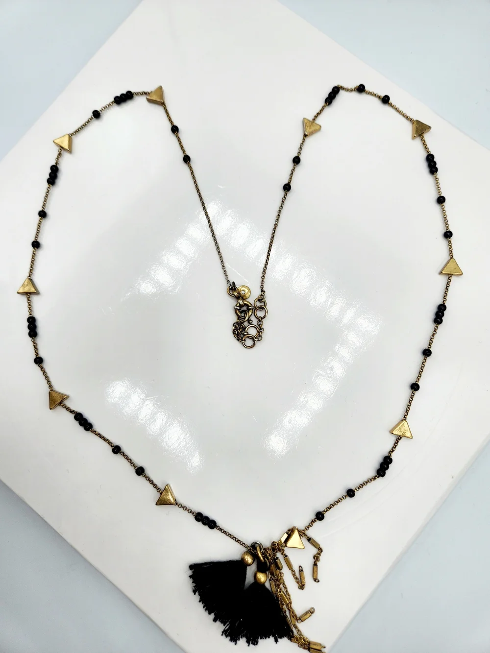 “J.Crew Black Beaded Tassel Necklace Gold Tone Triangle Stations Boho Long 32”